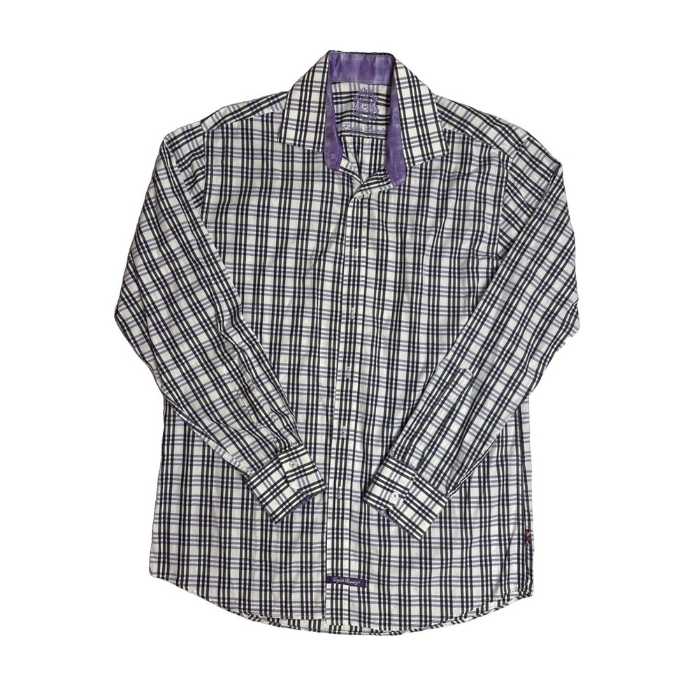 English Laundry Men's Plaid Dress Shirt Purple Lion Crest Size 16 34/35